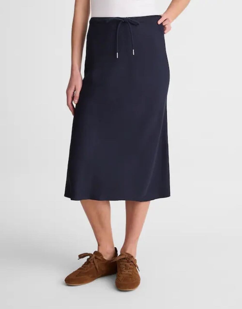NWT Madewell Satin-Back Crepe Drawstring Midi Skirt In Classic Navy Blue Size 12